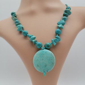 Vintage Turquoise Dyed Howlite Statement Beaded Necklace Large Round Pendant